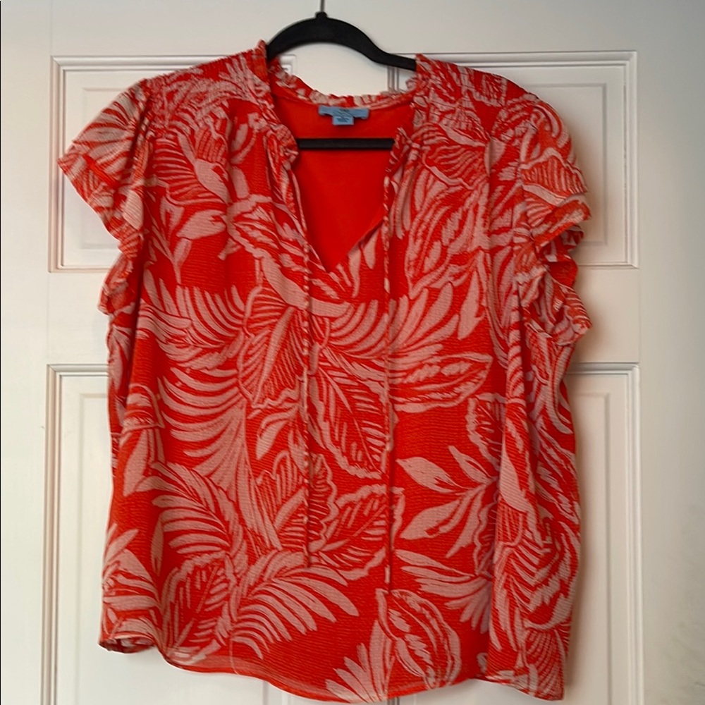 CeCe Vibrant Orange Tropical Tie-Neck Flutter-Sleeve Blouse